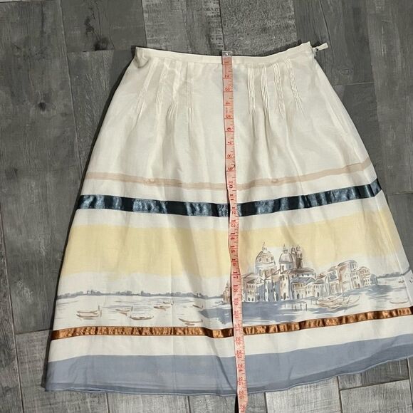 Due Per Due silk Blend Ivory Gondola Boat Print Ribbon A line Peasant Skirt 4 S - Picture 4 of 11